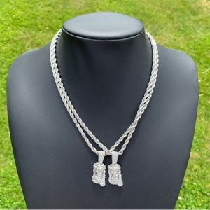 14k White Gold Plated Jesus Piece Pendant With Rope Link Chain Men’s Women’s